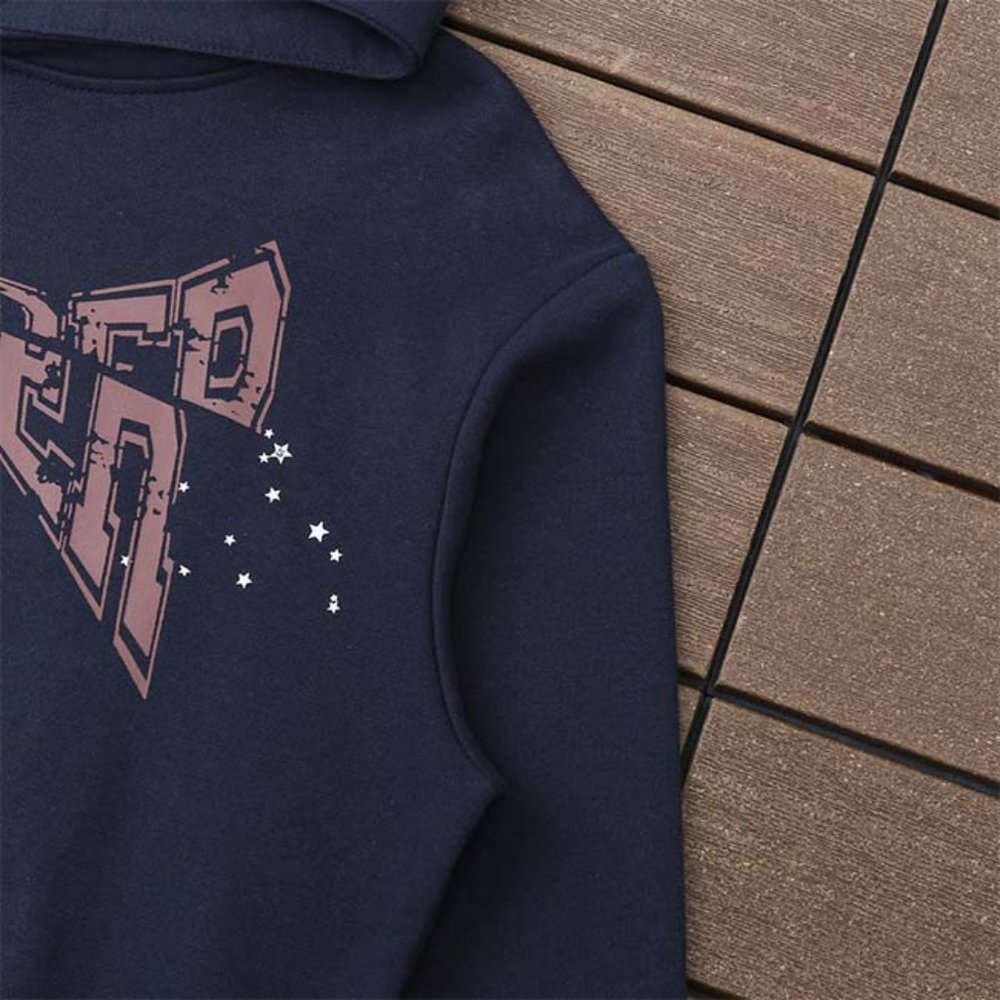 Sp5der Navy Blue & Brown Logo Pullover Hoodie Sweatshirt - Picture 13 of 13